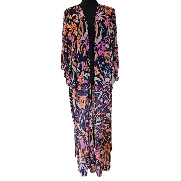 Size 2X Floral Print Open Front Sheer Kimono Cardigan By Cyrus Summer Coverup - Picture 1 of 7